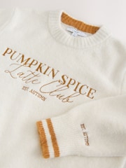 Ecru Pumpkin Spice Graphic Long Sleeve Crew Neck Knitted Jumper With Wool - Image 8 of 9