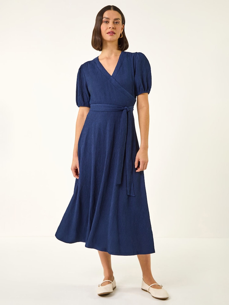 Roman Blue Wrap Bodice Belted Midi Dress - Image 1 of 5