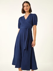 Roman Blue Wrap Bodice Belted Midi Dress - Image 2 of 5