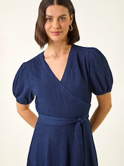 Roman Blue Wrap Bodice Belted Midi Dress - Image 4 of 5