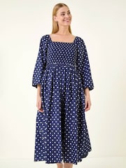 Roman Blue Spot Shirred Midi Dress - Image 1 of 5