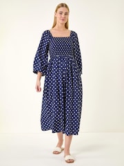 Roman Blue Spot Shirred Midi Dress - Image 2 of 5