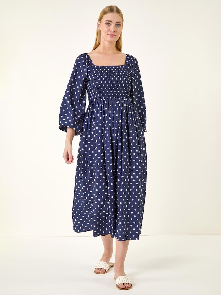 Roman Blue Spot Shirred Midi Dress - Image 2 of 5
