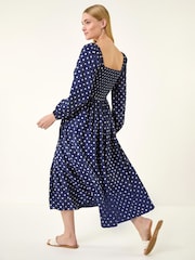 Roman Blue Spot Shirred Midi Dress - Image 3 of 5