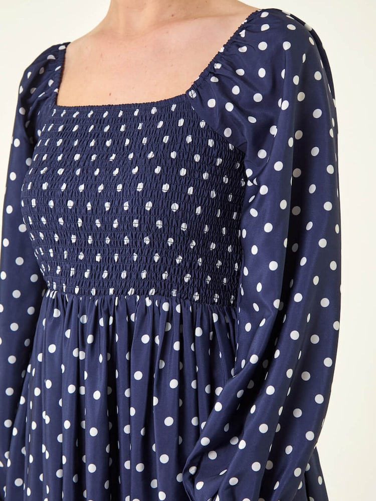 Roman Blue Spot Shirred Midi Dress - Image 5 of 5