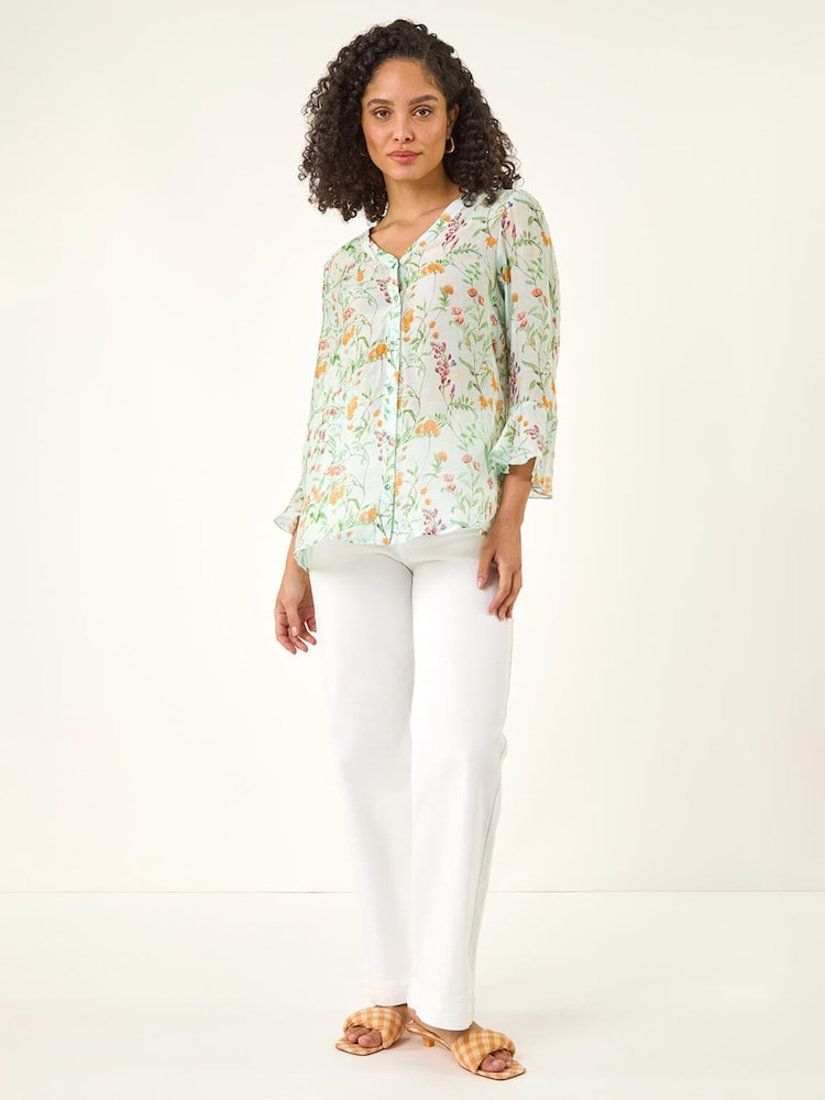 Roman Floral Flare Sleeve Buttoned Blouse - Imaginea 2 din 5