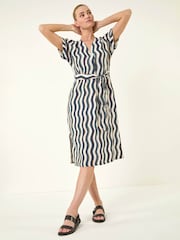 Roman Blue Wave Print Belted Midi Dress - Image 1 of 5