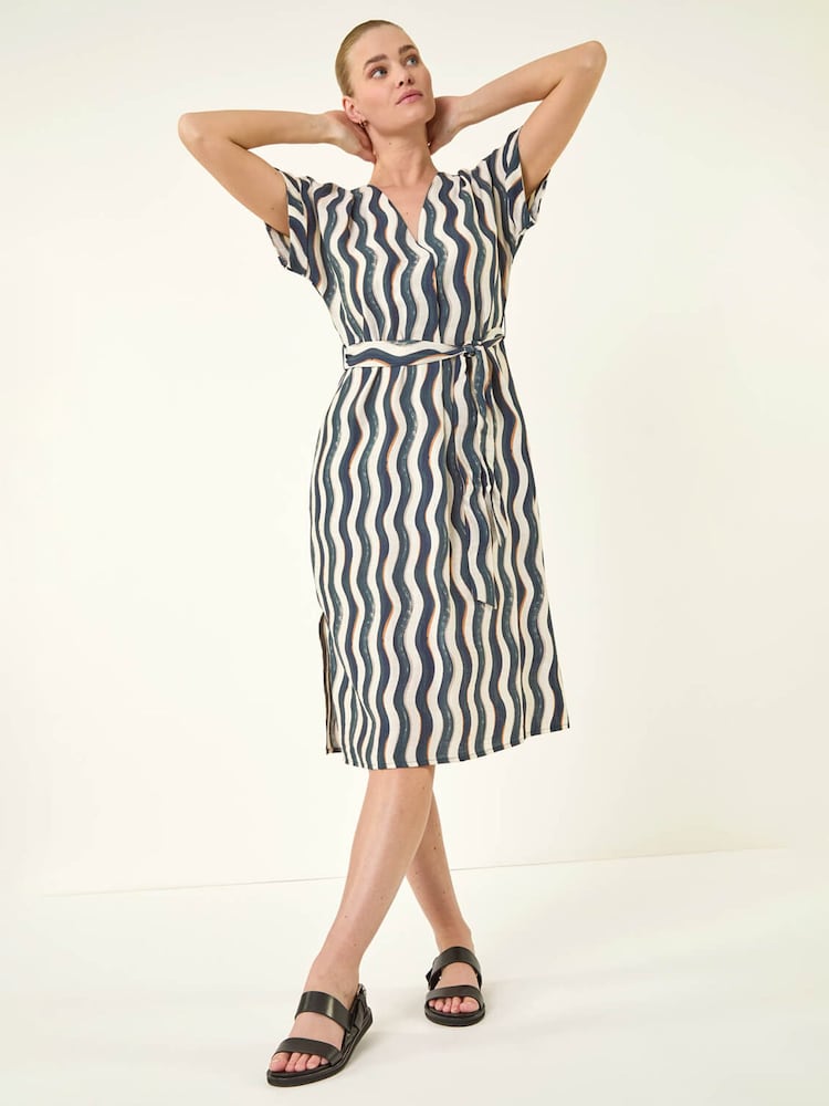 Roman Blue Wave Print Belted Midi Dress - Image 1 of 5 Roman Blue Wave Print Belted Midi Dress - Image 1 of 5