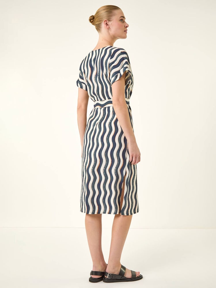 Roman Blue Wave Print Belted Midi Dress - Image 2 of 5 Roman Blue Wave Print Belted Midi Dress - Image 2 of 5