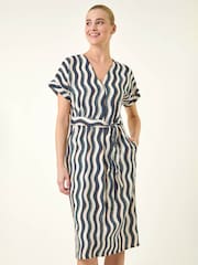 Roman Blue Wave Print Belted Midi Dress - Image 3 of 5