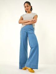 淡藍色 - Roman Cotton Stretch Wide Leg Denim Trousers - 圖片 1/5