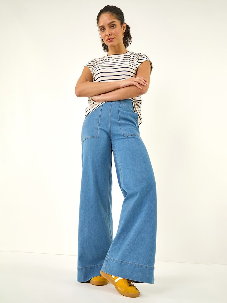 淡藍色 - Roman Cotton Stretch Wide Leg Denim Trousers - 圖片 1/5
