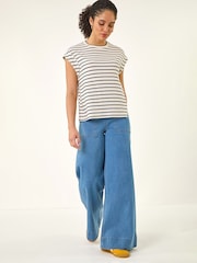 淡藍色 - Roman Cotton Stretch Wide Leg Denim Trousers - 圖片 2/5