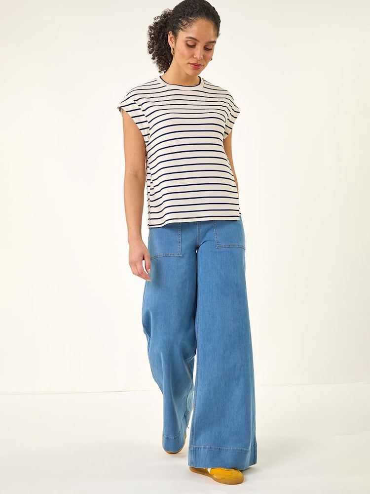 淡藍色 - Roman Cotton Stretch Wide Leg Denim Trousers - 圖片 2/5