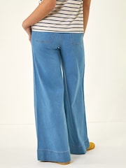 淡藍色 - Roman Cotton Stretch Wide Leg Denim Trousers - 圖片 3/5