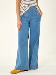 淡藍色 - Roman Cotton Stretch Wide Leg Denim Trousers - 圖片 4/5