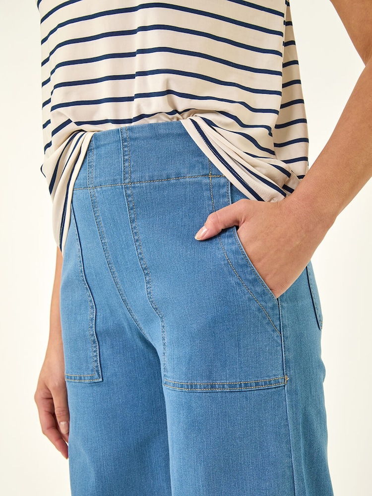 淡藍色 - Roman Cotton Stretch Wide Leg Denim Trousers - 圖片 5/5