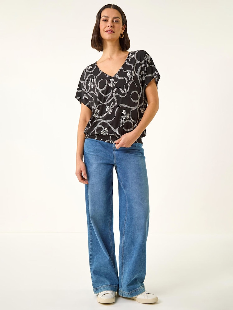 Roman Black Bow Print V-Neck Stretch Top - Image 2 of 5