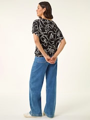 Roman Black Bow Print V-Neck Stretch Top - Image 3 of 5
