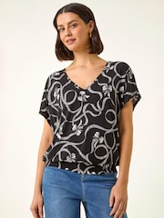Roman Black Bow Print V-Neck Stretch Top - Image 4 of 5