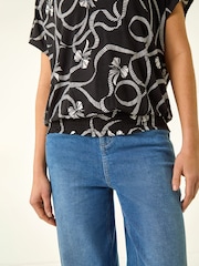 Roman Black Bow Print V-Neck Stretch Top - Image 5 of 5