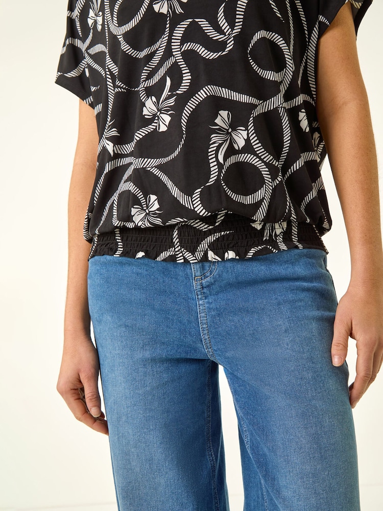 Roman Black Bow Print V-Neck Stretch Top - Image 5 of 5
