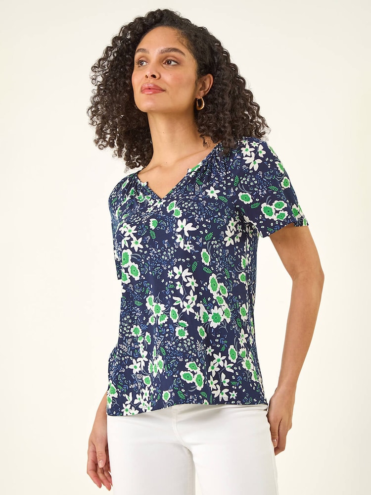 Roman Green Floral Gathered V-Neck Top - Image 1 of 5