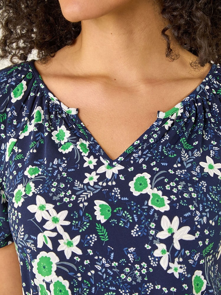 Roman Green Floral Gathered V-Neck Top - Image 5 of 5