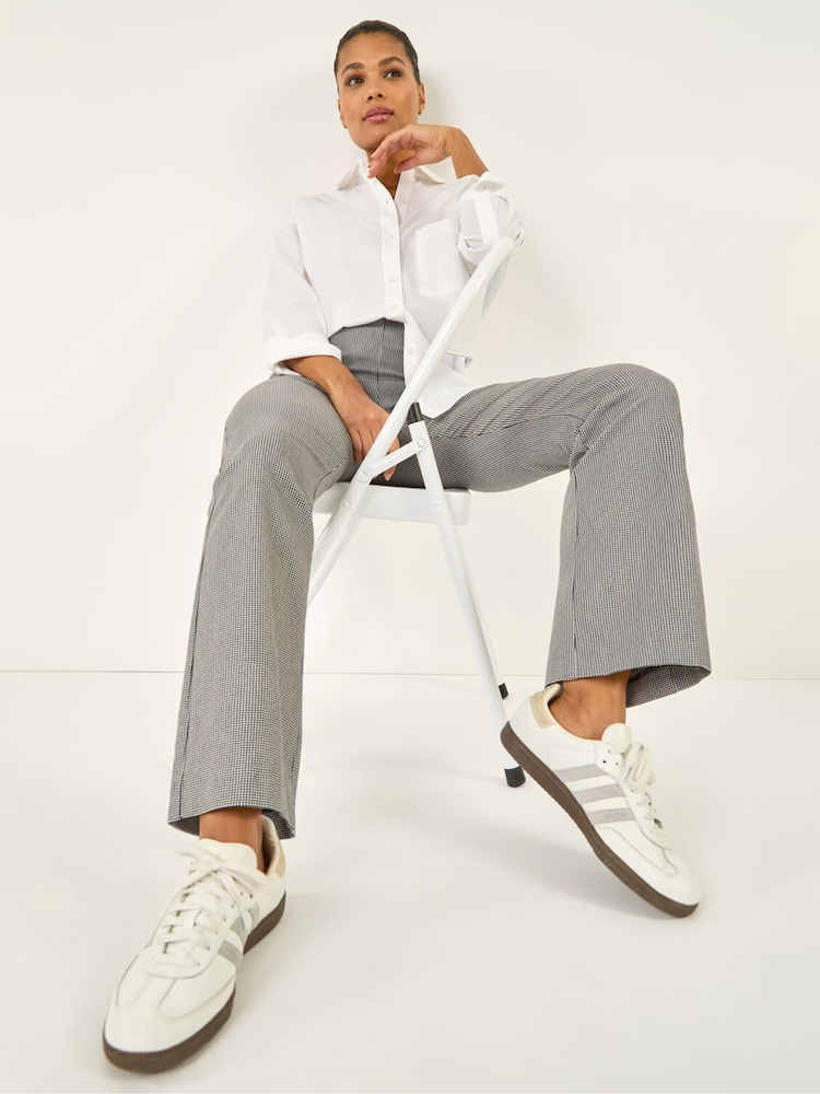 Roman Black Dogtooth Stretch Wide Leg Trousers - Image 1 of 5 Roman Black Dogtooth Stretch Wide Leg Trousers - Image 1 of 5