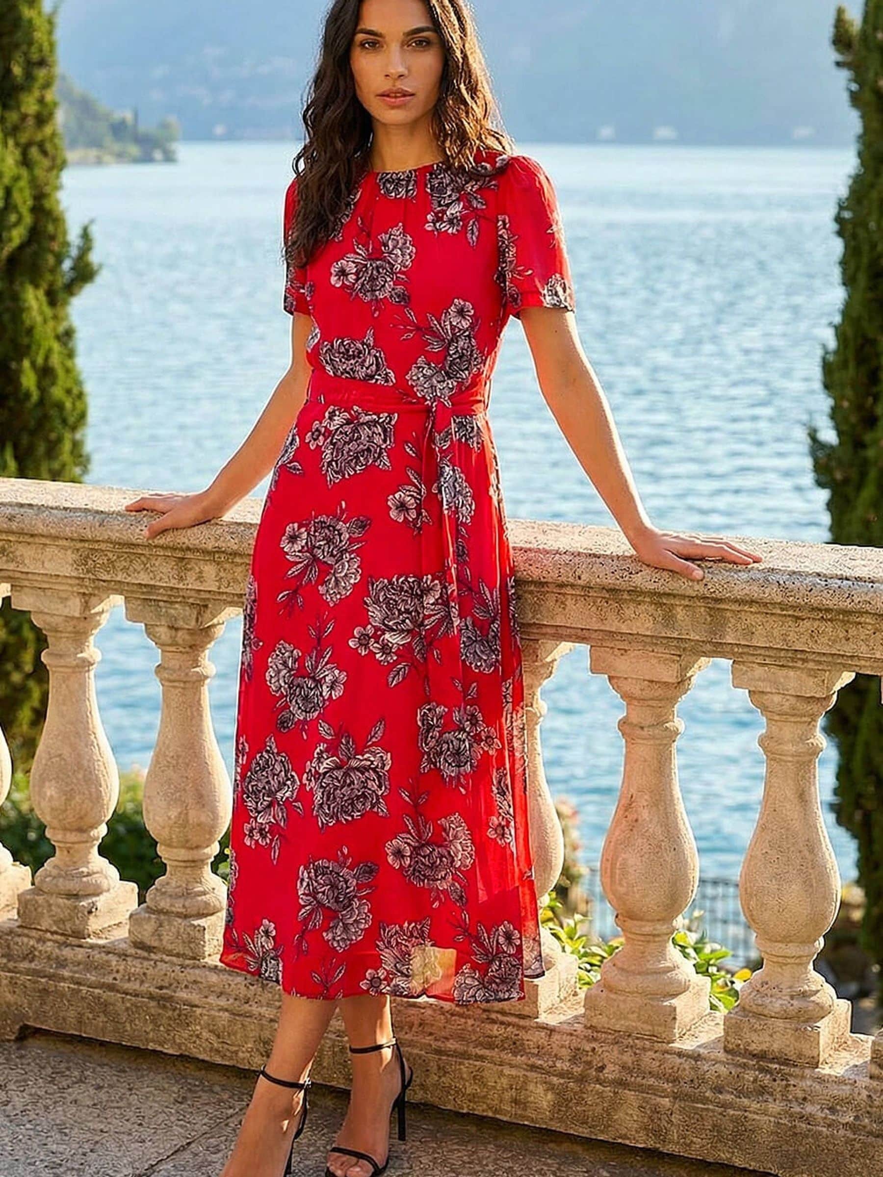 Roman Women's Red Floral Print Stretch Pleated Dress