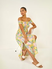 Roman Yellow Floral Print Bardot Shirred Midi Dress - Image 1 of 5