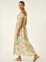 Roman Yellow Floral Print Bardot Shirred Midi Dress - Image 3 of 5