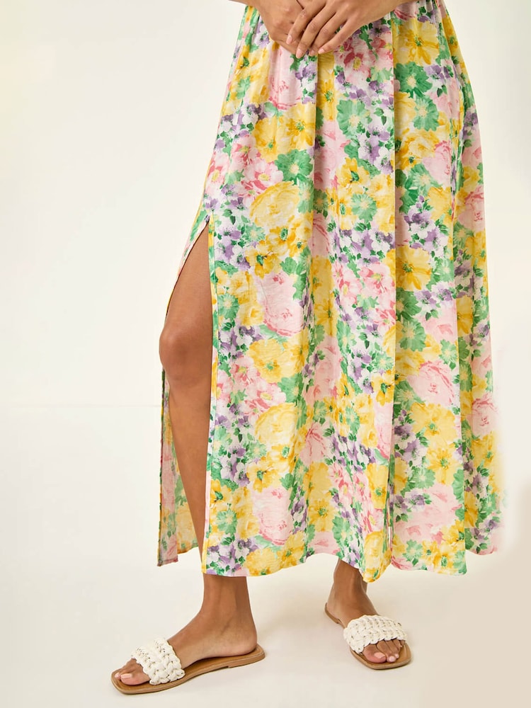 Roman Yellow Floral Print Bardot Shirred Midi Dress - Image 5 of 5