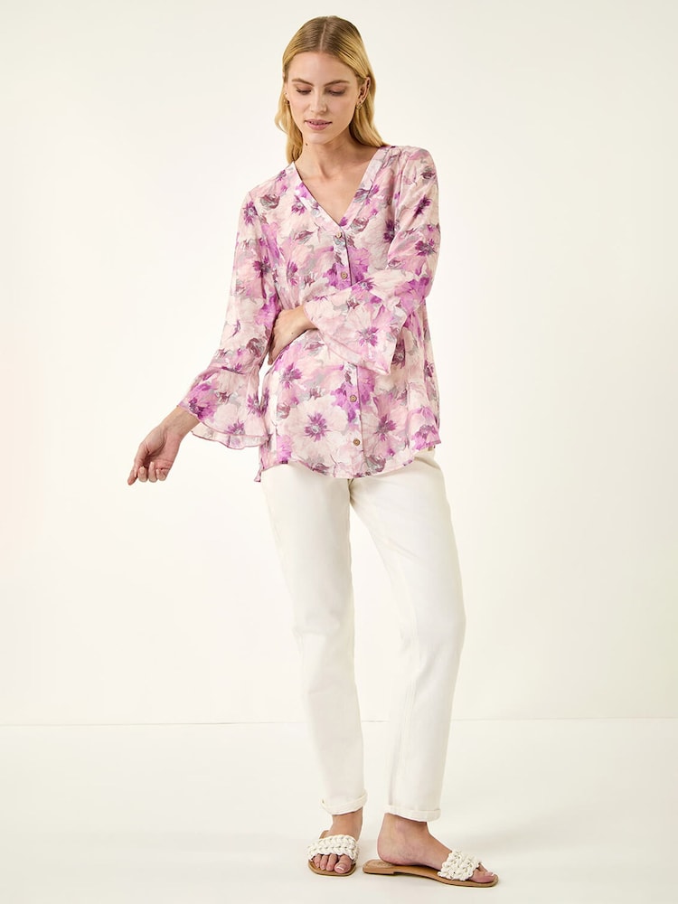 Roman Purple Floral Print Flare Sleeve Blouse - Image 2 of 5