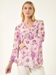 Roman Purple Floral Print Flare Sleeve Blouse - Image 4 of 5