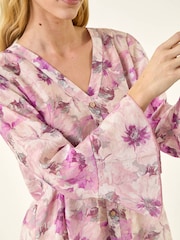 Roman Purple Floral Print Flare Sleeve Blouse - Image 6 of 6