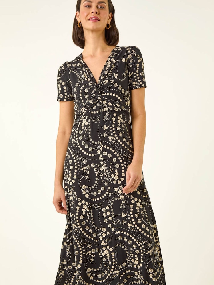 Roman Black Floral Print Twist Front Stretch Dress - Image 1 of 5
