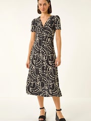 Roman Black Floral Print Twist Front Stretch Dress - Image 2 of 5