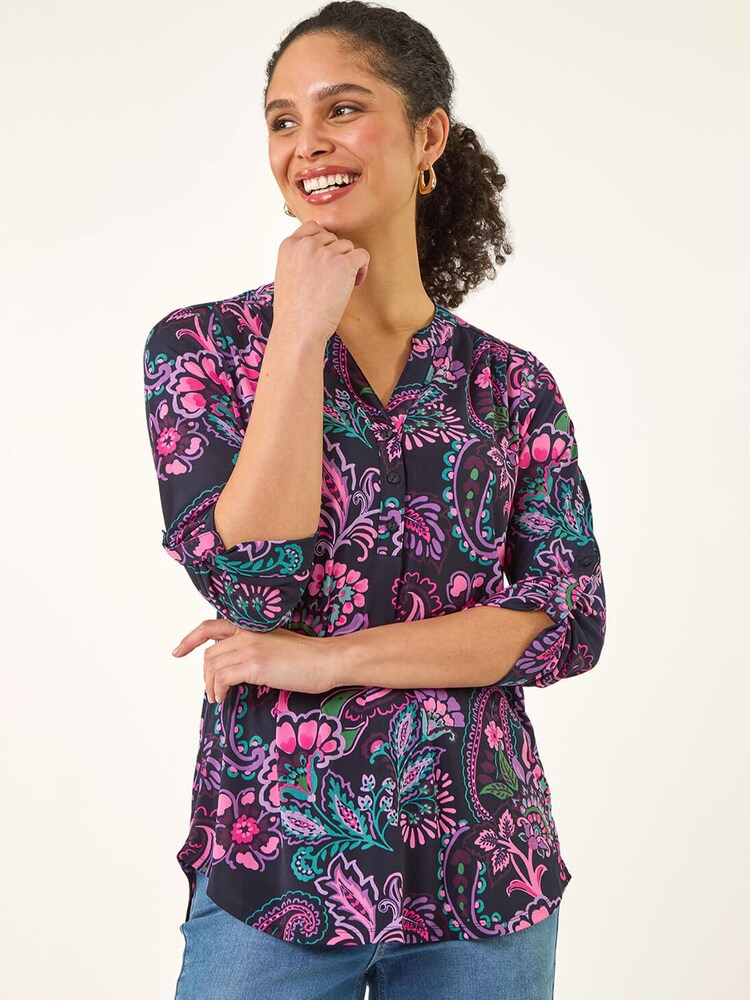 Roman Pink Paisley Print V-Neck Stretch Shirt - Image 1 of 5