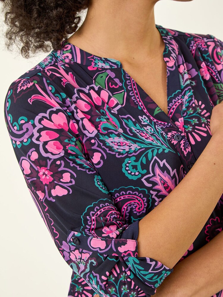 Roman Pink Paisley Print V-Neck Stretch Shirt - Image 5 of 5