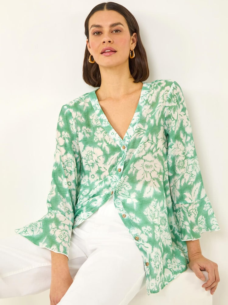 Roman Green Floral Print Flare Sleeve Blouse - Image 1 of 5 Roman Green Floral Print Flare Sleeve Blouse - Image 1 of 5