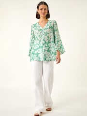 Roman Green Floral Print Flare Sleeve Blouse - Image 2 of 5