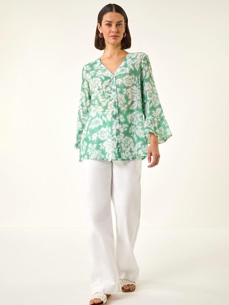 Roman Green Floral Print Flare Sleeve Blouse - Image 2 of 5 Roman Green Floral Print Flare Sleeve Blouse - Image 2 of 5