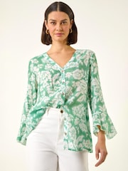 Roman Green Floral Print Flare Sleeve Blouse - Image 4 of 5