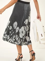 Roman Black Floral Print Pleated Midi Skirt - Image 3 of 5