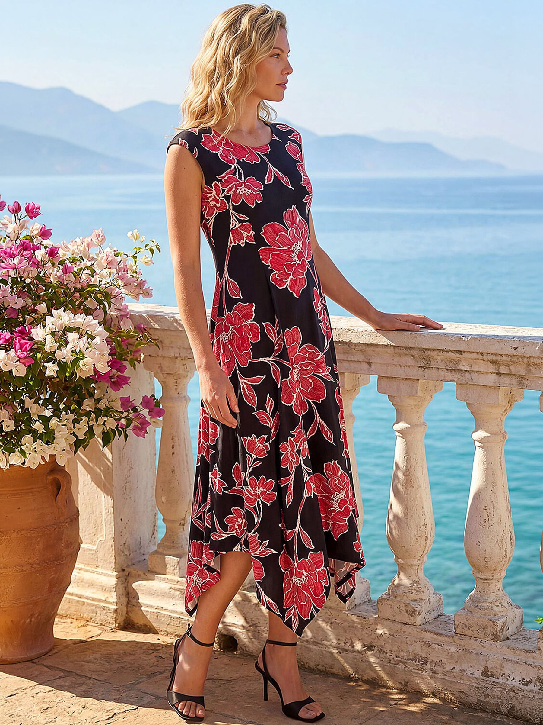 Roman Women's Black Floral Print Stretch Midi Dress