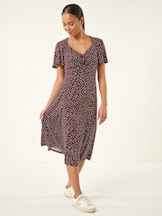 Roman Brown Petite Spot Drawstring Midi Dress - Image 2 of 5