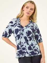 Roman Blue Petite Floral Tie Front Top - Image 4 of 5