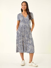 Roman Blue Petite Abstract Button Pocket Stretch Dress - Image 2 of 5