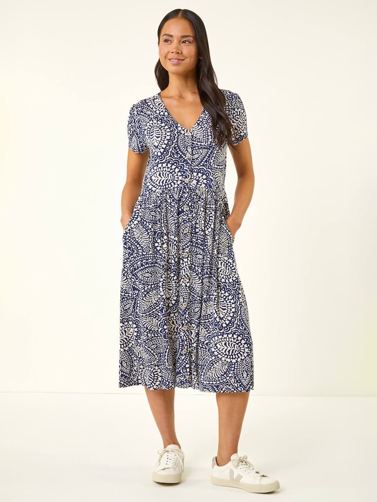 Roman Blue Petite Abstract Button Pocket Stretch Dress - Image 2 of 5